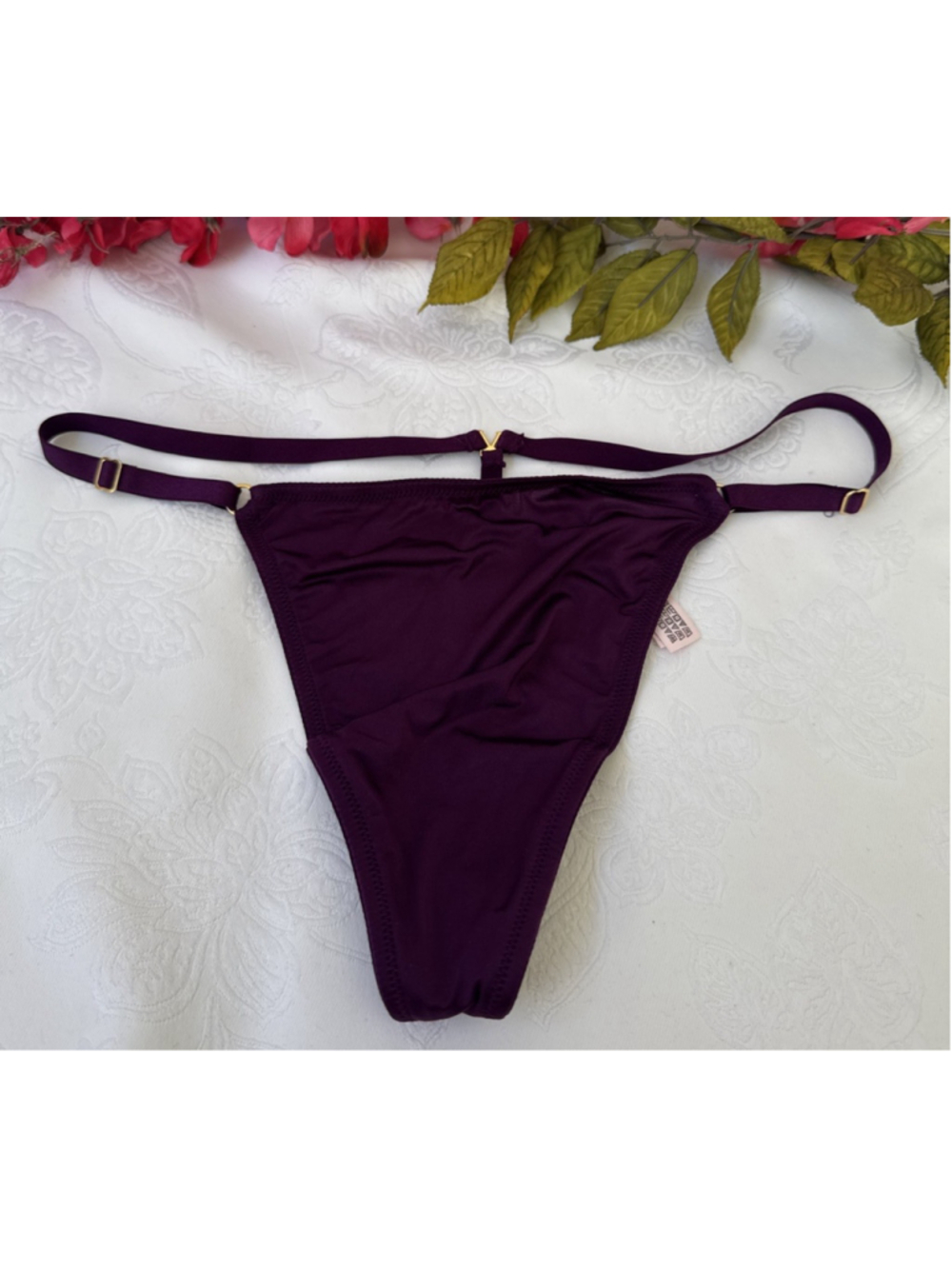 VICTORIA'S SECRET XL PURPLE WINE GOLD CHARM SILKY V STRING THONG PANTIES NWT